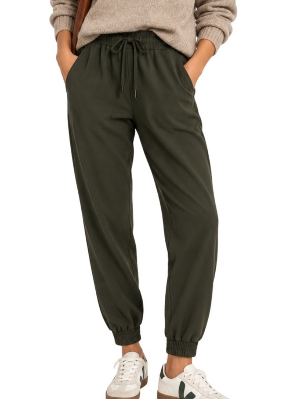 Aritzia Wilfred Olive Green Crepe Joggers Drawstring Ribbed Cuff Pants Silk S